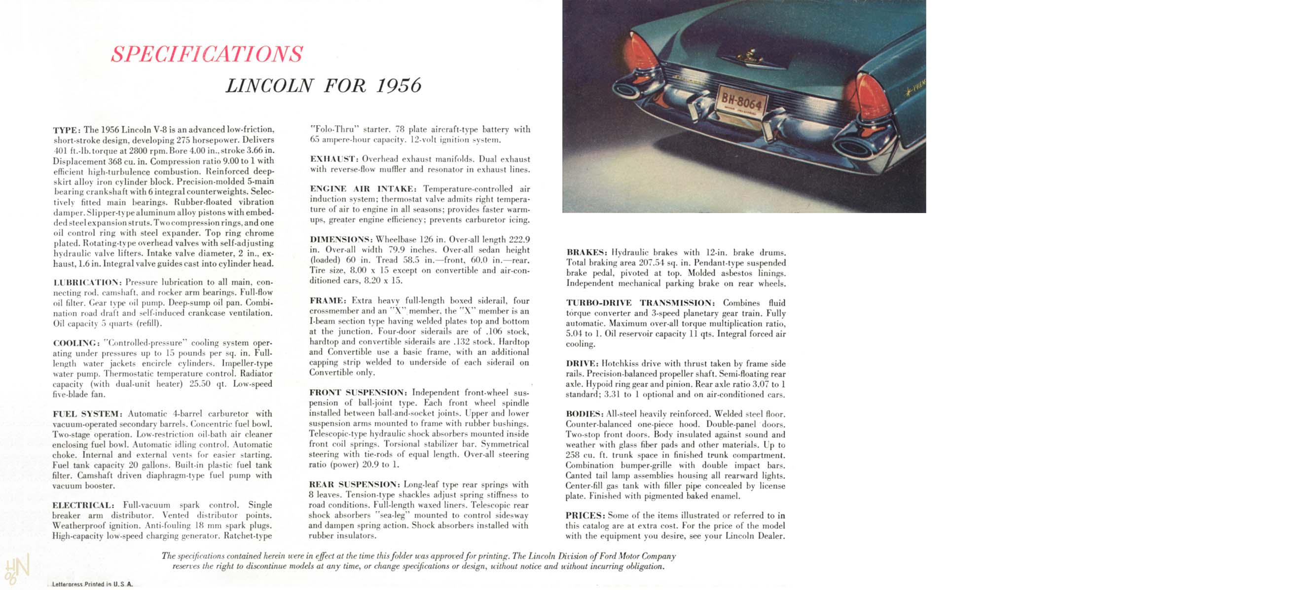 1956 Lincoln Brochure Page 1
